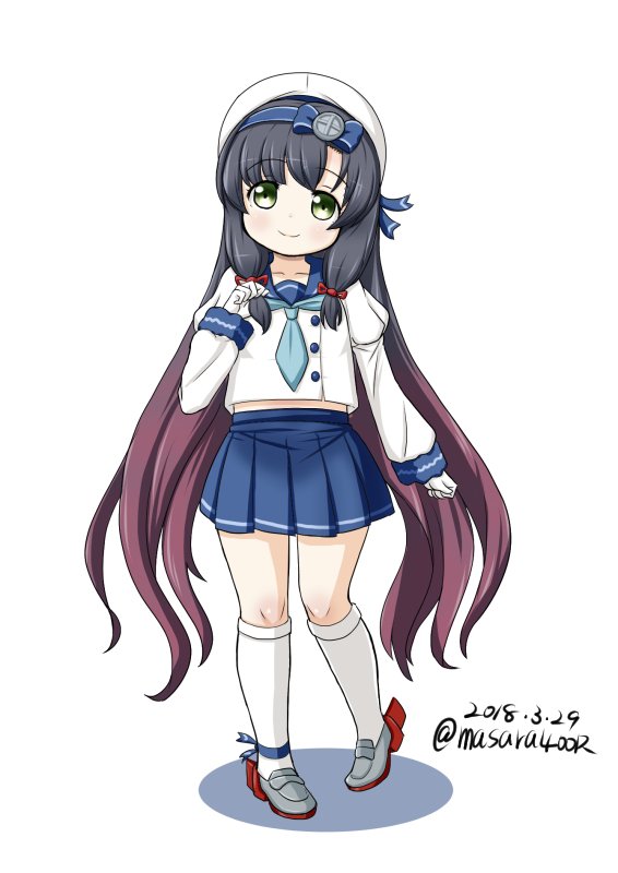 1girl black_hair blue_neckwear blue_skirt commentary_request dated full_body gloves gradient_hair green_eyes hat kantai_collection kneehighs loafers long_hair long_sleeves looking_at_viewer masara_(masalucky2010) matsuwa_(kantai_collection) multicolored_hair neckerchief pleated_skirt purple_hair sailor_hat school_uniform serafuku shoes simple_background skirt solo standing twitter_username white_background white_gloves white_hat white_legwear