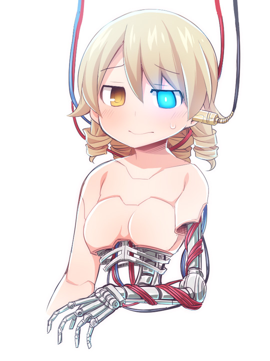 1girl bangs blue_eyes blush brown_eyes cable closed_mouth cyborg eyebrows_visible_through_hair hair_between_eyes heterochromia idolmaster idolmaster_cinderella_girls light_brown_hair long_hair mechanical_parts morikubo_nono no_nipples nude parts_exposed ringlets simple_background solo sweat upper_body ushi white_background