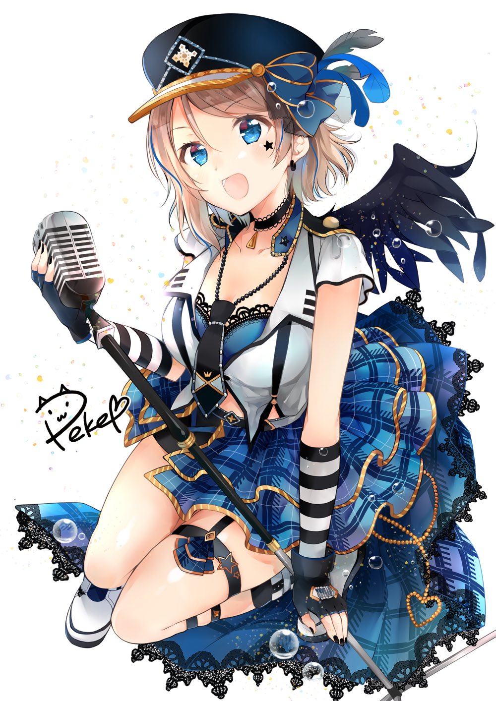 1girl :d arm_warmers artist_name black_choker black_gloves black_nails black_neckwear black_wings blue_eyes bubble choker earrings facial_mark feathered_wings fingerless_gloves garter_straps gloves grey_hair hat hat_feather hat_ribbon highres jewelry leg_garter looking_at_viewer love_live! love_live!_school_idol_festival love_live!_sunshine!! microphone_stand nail_polish necktie open_mouth overskirt peke_(xoxopeke) plaid plaid_skirt ribbon shoes short_hair short_sleeves skirt smile sneakers solo star striped suspenders waist_cape watanabe_you wings