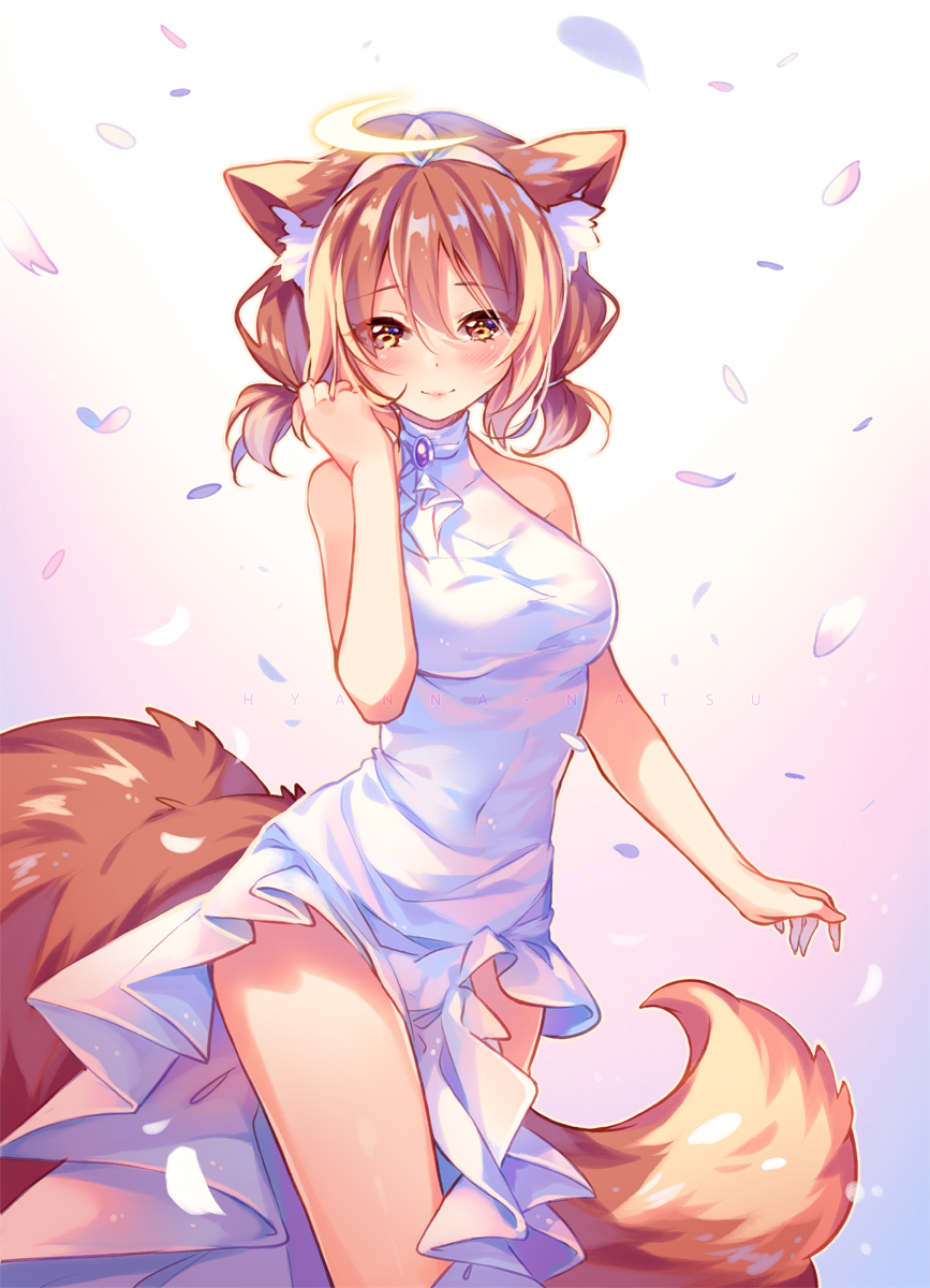 1girl animal_ears artist_name bangs bare_arms bare_shoulders blonde_pubic_hair blush borrowed_character breasts brown_eyes brown_hair closed_mouth commission cowboy_shot crescent dress eyebrows_visible_through_hair fox_ears fox_tail from_below gem glowing gradient gradient_background halo hand_up highres hyanna-natsu medium_breasts original petals pink_background shiny shiny_hair short_hair short_twintails sleeveless sleeveless_dress smile solo standing tail thighs tiara twintails white_dress
