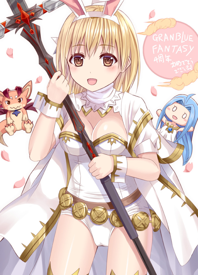 1girl :d animal animal_ears bangs blonde_hair blue_hair blush brown_eyes character_doll commentary_request copyright_name djeeta_(granblue_fantasy) dragon eyebrows_visible_through_hair fake_animal_ears granblue_fantasy hair_between_eyes hairband holding holding_weapon jacket leotard long_hair lyria_(granblue_fantasy) open_mouth rabbit_ears revision sage_(granblue_fantasy) short_sleeves smile solo strapless strapless_leotard thigh-highs translation_request tsukino_neru vee_(granblue_fantasy) weapon white_hairband white_jacket white_leotard wrist_cuffs