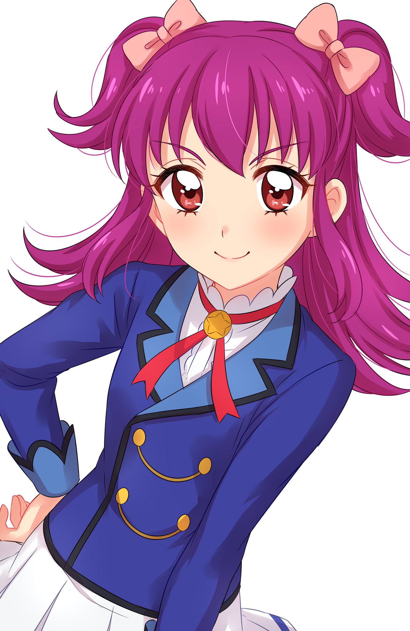 1girl aikatsu! aikatsu!_(series) blue_jacket blush bow brown_eyes character_request closed_mouth commentary_request eyebrows_visible_through_hair hair_bow hand_on_hip highres jacket long_sleeves looking_at_viewer minowa_hikari neck_ribbon pink_bow pleated_skirt purple_hair red_ribbon ribbon sekina shirt simple_background skirt smile solo two_side_up upper_body white_background white_shirt white_skirt