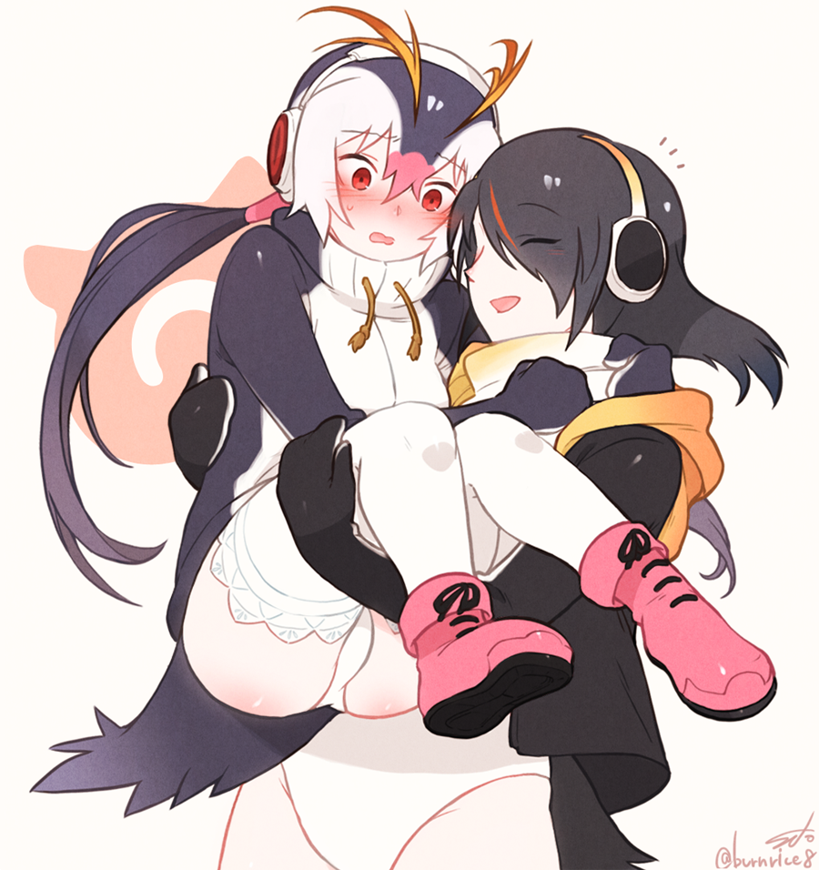 2girls arms_around_neck bird_tail black_hair blush boots carrying closed_eyes emperor_penguin_(kemono_friends) eyebrows_visible_through_hair eyes_visible_through_hair full-face_blush headphones highlights hood hoodie jacket japari_symbol kemono_friends leotard long_hair multicolored_hair multiple_girls panties pantyshot pink_footwear pink_hair princess_carry royal_penguin_(kemono_friends) seto_(harunadragon) signature thigh-highs twintails underwear white_hair yuri