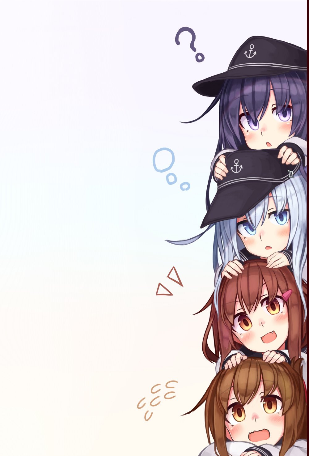 4girls ? akatsuki_(kantai_collection) anchor anchor_symbol bangs black_headwear blue_eyes blush brown_eyes brown_hair eyebrows_visible_through_hair fang flat_cap flying_sweatdrops folded_ponytail hair_ornament hairclip hat hibiki_(kantai_collection) highres ikazuchi_(kantai_collection) inazuma_(kantai_collection) kantai_collection long_hair long_sleeves multiple_girls open_mouth ponytail purple_hair reitou_mikan sailor_collar school_uniform serafuku short_hair silver_hair simple_background violet_eyes wavy_mouth white_background