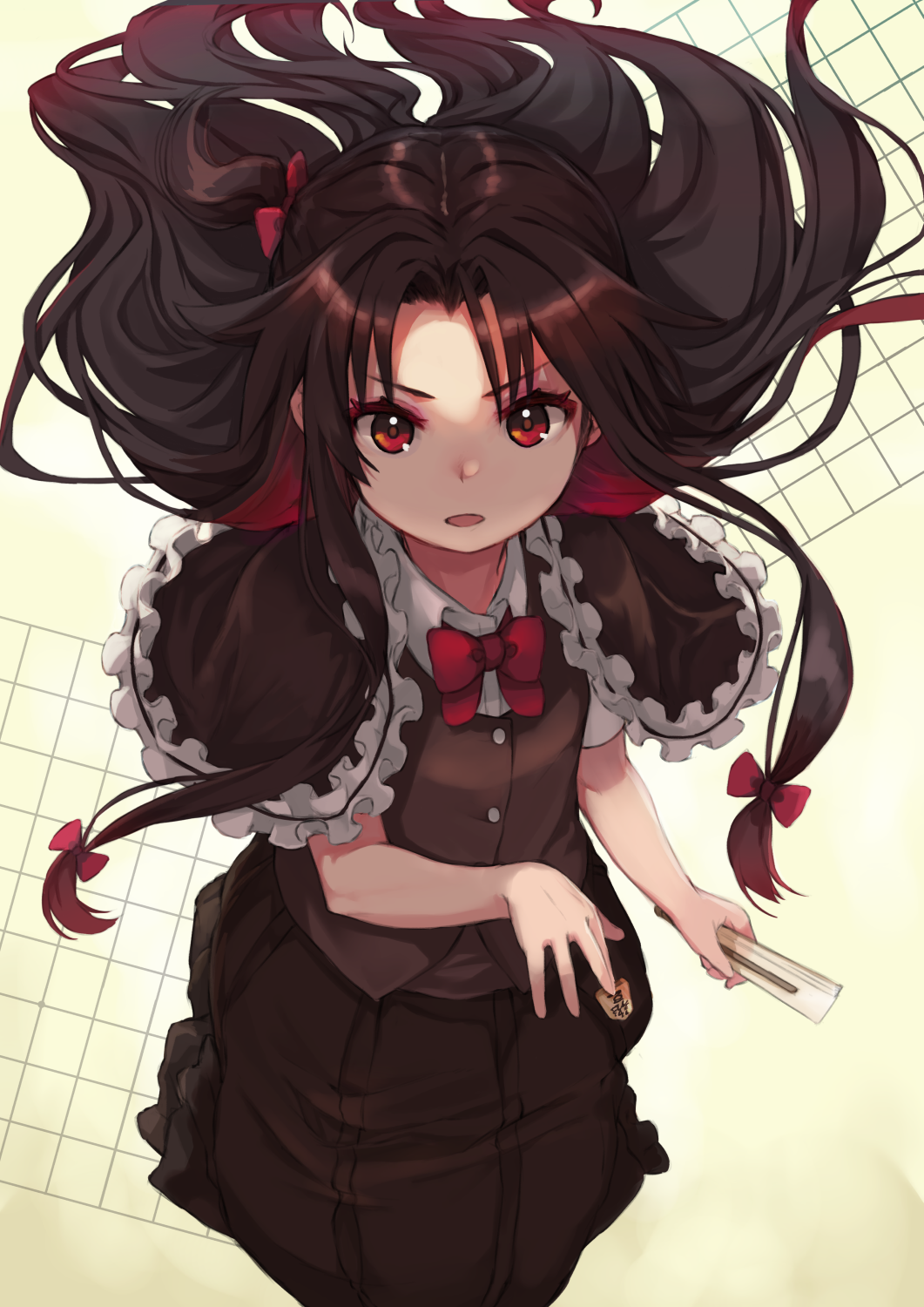 1girl bangs board_game bow brown_capelet brown_hair brown_skirt brown_vest capelet closed_fan commentary_request fan floating_hair folding_fan frilled_capelet frills gradient_hair hair_bow highres holding holding_fan long_hair looking_at_viewer mugcup multicolored_hair one_side_up parted_lips pleated_skirt red_bow red_eyes redhead ryuuou_no_oshigoto! seiza shirt short_sleeves shougi sitting skirt solo two-tone_hair v-shaped_eyebrows very_long_hair vest white_shirt yashajin_ai