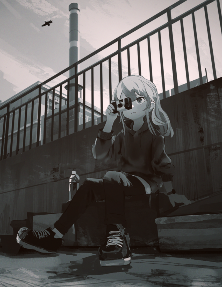 1girl arm_support backlighting bird bottle building camera closed_mouth clouds cross-laced_footwear digital_camera drawstring dutch_angle expressionless fence full_body hand_up hood hood_down hoodie long_hair long_sleeves looking_away monochrome original outdoors pants parody saltlaver shadow shoes sitting sky sleeve_cuffs sneakers solo style_parody tatsuki_(irodori)_(style) watch watch water_bottle