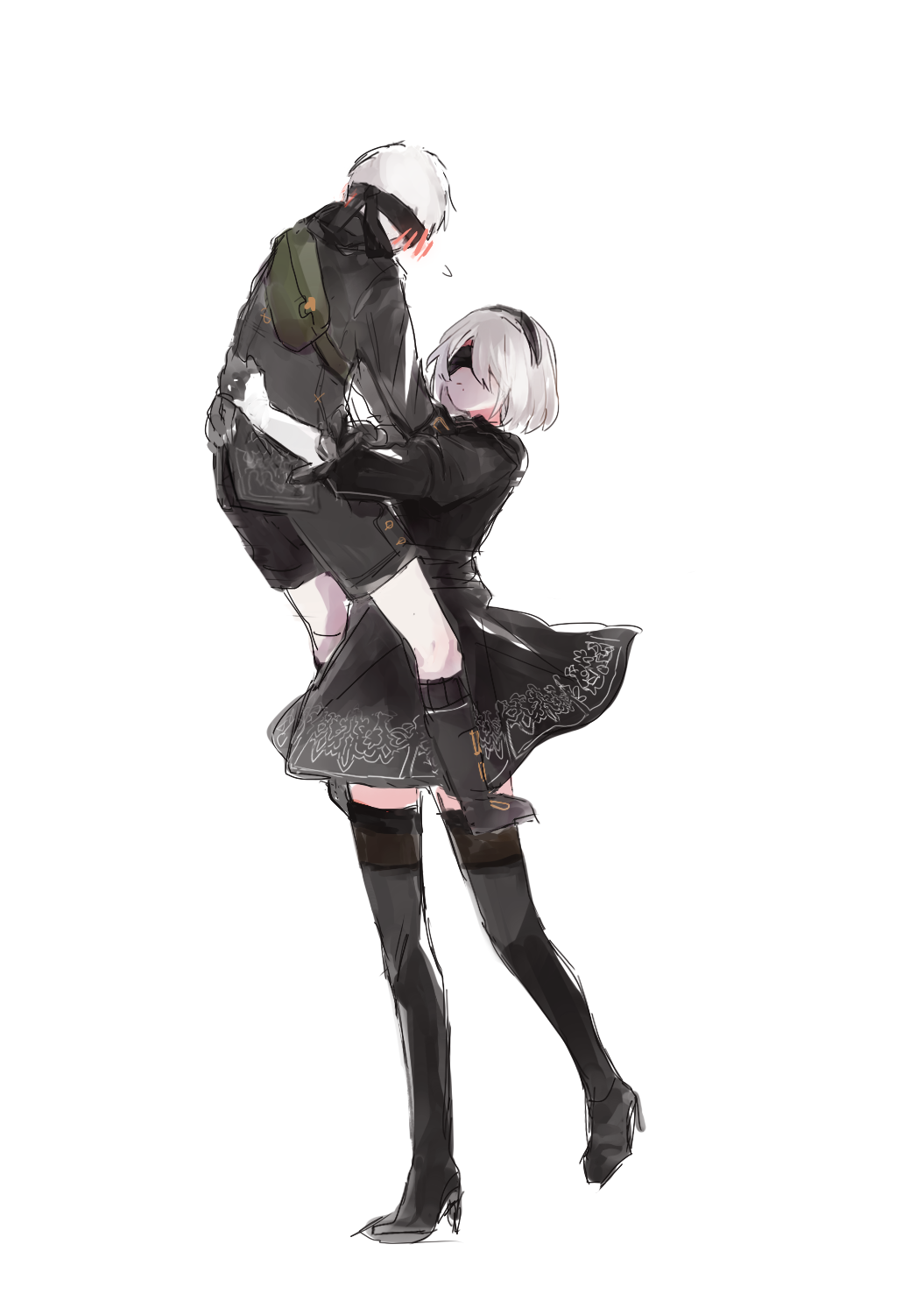 1boy 1girl android bag black_dress black_footwear black_hairband black_jacket black_shorts blindfold blush_stickers boots dress gloves gyullim hairband highres holding holding_up jacket juliet_sleeves long_sleeves medium_sleeves mole mole_under_mouth nier_(series) nier_automata puffy_sleeves short_hair shorts shoulder_bag silver_hair simple_background thigh-highs thigh_boots thighhighs_under_boots white_background yorha_no._2_type_b yorha_no._9_type_s