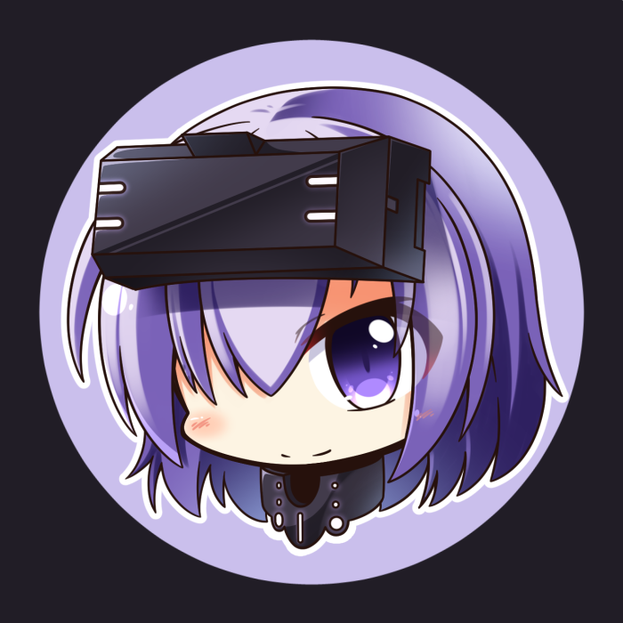 1girl bangs blush closed_mouth commentary_request eyes_visible_through_hair fate/grand_order fate_(series) hair_over_one_eye head looking_at_viewer mash_kyrielight outline purple_hair shachoo. short_hair smile solo violet_eyes vr_visor white_outline