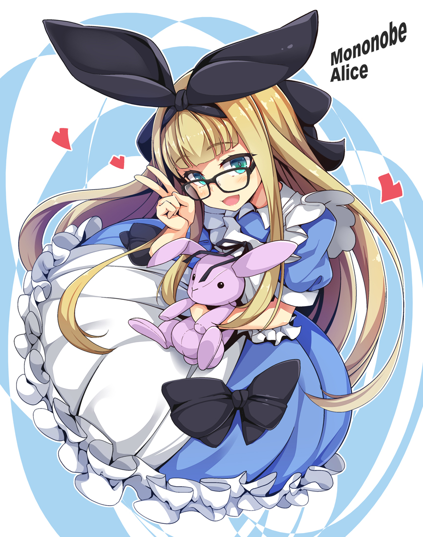 1girl :d apron bangs bespectacled black-framed_eyewear black_bow black_ribbon blonde_hair blue_dress blue_eyes blush bow character_name dress eyebrows_visible_through_hair frilled_dress frills glasses hair_bow hair_ribbon head_tilt heart long_hair looking_at_viewer mononobe_alice nijisanji object_hug ogami_kazuki open_mouth puffy_short_sleeves puffy_sleeves ribbon short_sleeves smile solo stuffed_animal stuffed_bunny stuffed_toy v very_long_hair virtual_youtuber white_apron