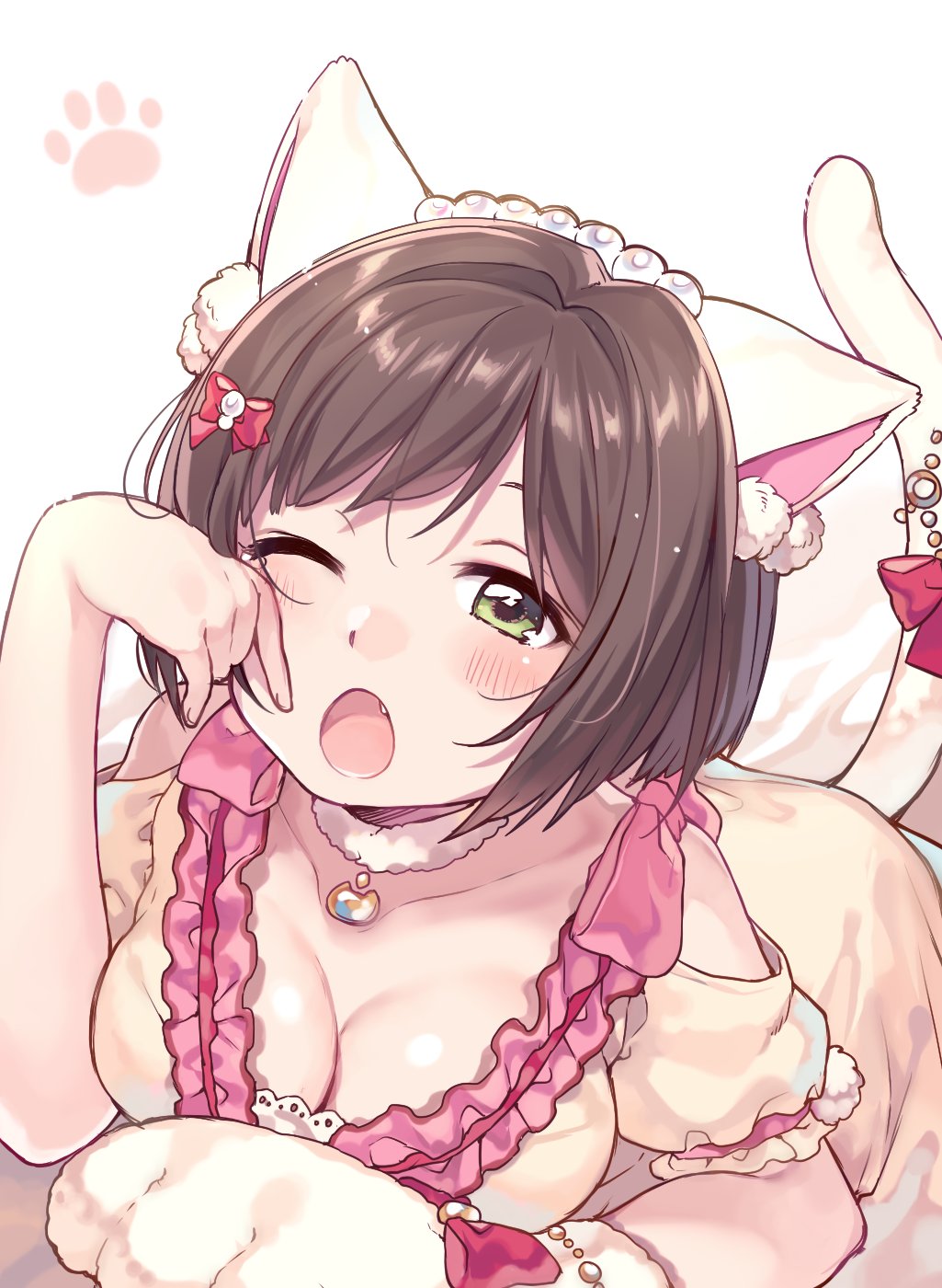 1girl ;o \m/ animal_ears bangs blush bow breasts brown_hair cat_ears choker cleavage fang frilled_sleeves frills gloves green_eyes hair_bobbles hair_bow hair_ornament highres idolmaster idolmaster_cinderella_girls jewelry lying maekawa_miku medium_breasts on_stomach one_eye_closed open_mouth paw_gloves paw_print paws pearl rojiko short_hair shoulder_cutout single_glove solo tail tail_bow