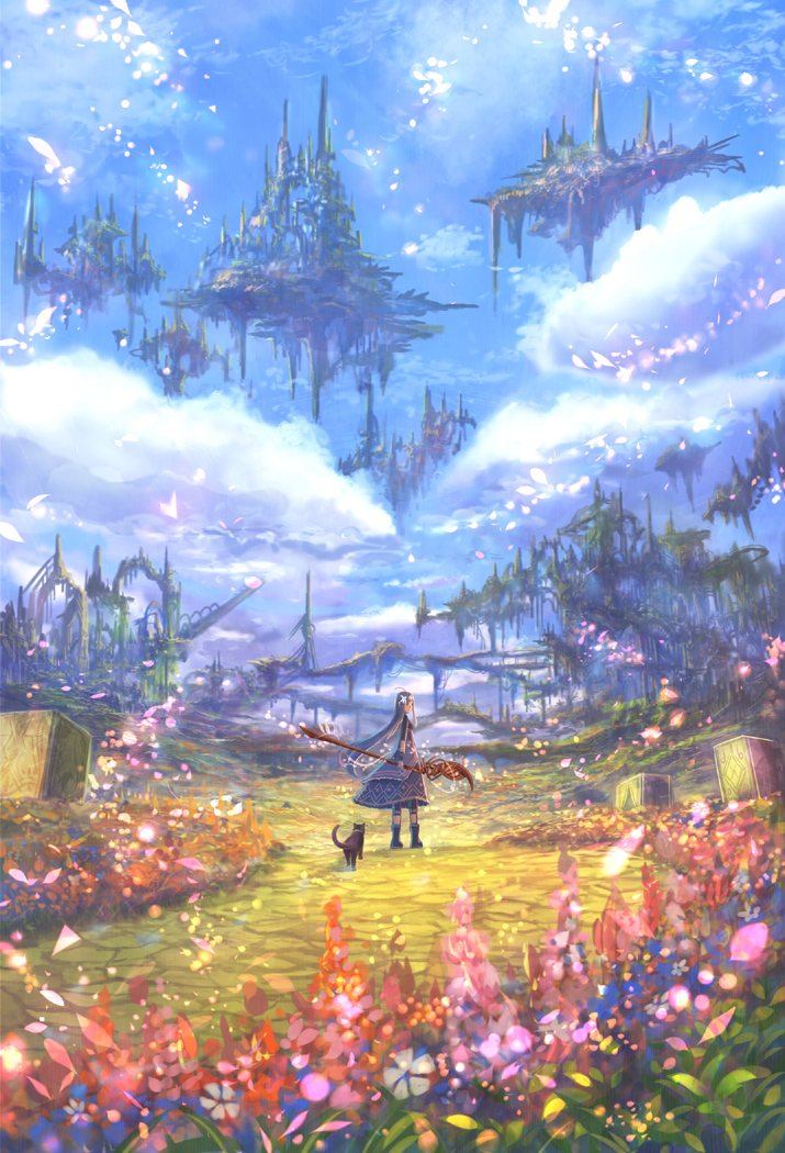 1girl blue_dress blue_hair blue_sky boots cat clouds cloudy_sky commentary_request day dress fantasy field floating_island flower from_behind hair_flower hair_ornament holding long_hair looking_at_viewer looking_back original outdoors sakimori_(hououbds) scenery sky solo standing