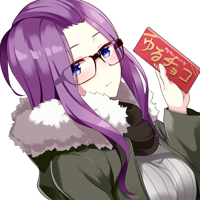 1girl bangs_pinned_back black-framed_eyewear blue_eyes blush breasts closed_mouth eyebrows_visible_through_hair glasses holding huyumitsu kagamihara_sakura large_breasts long_hair long_sleeves looking_at_viewer purple_hair ribbed_sweater solo sweater very_long_hair yurucamp