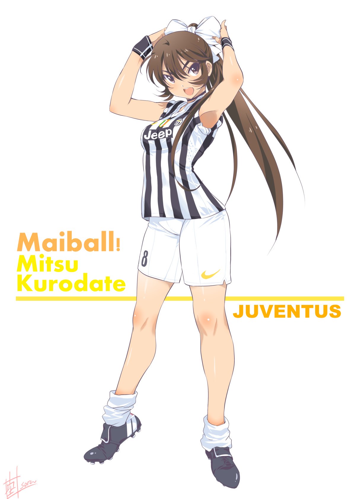 1girl adjusting_bow armpits bow breasts brown_eyes brown_hair cleats commentary_request full_body hair_bow highres inoue_sora juventus_fc kurodate_mitsu long_hair loose_socks mai_ball! ponytail shorts sleeves_rolled_up soccer soccer_uniform solo sportswear striped wristband