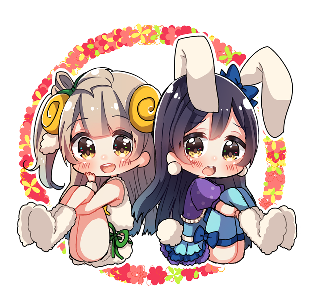 2girls animal_costume animal_ears bangs bjcrk453 blue_background blue_hair blush bunny_costume bunny_tail chibi commentary_request eyebrows_visible_through_hair grey_hair hair_between_eyes horns leg_grab long_hair looking_at_viewer love_live! love_live!_school_idol_festival love_live!_school_idol_project minami_kotori multiple_girls one_side_up open_mouth rabbit_ears sheep_costume sheep_ears sheep_horns sitting smile sonoda_umi tail thigh-highs yellow_eyes