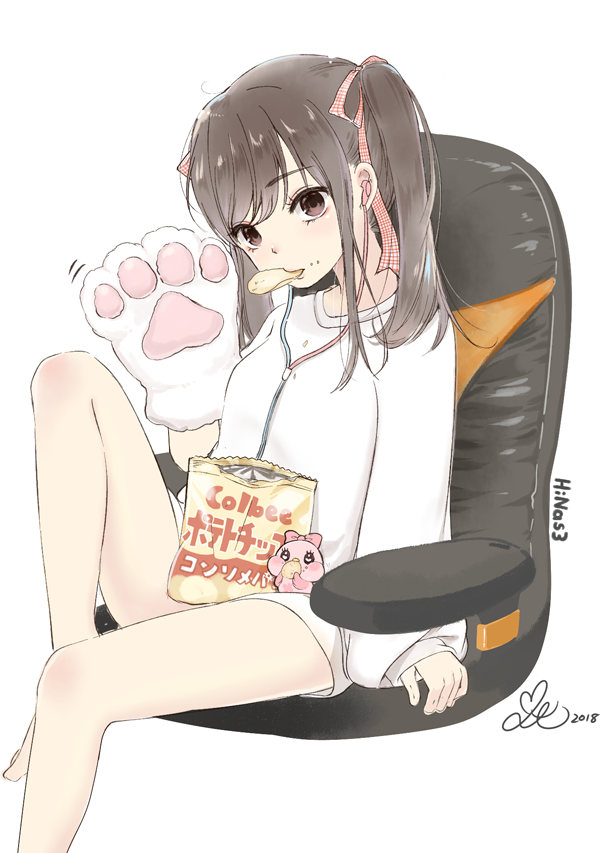 1girl 2018 akira_b bag_of_chips bangs barefoot brown_eyes brown_hair chips closed_mouth commentary_request creature earphones earphones eyebrows_visible_through_hair feet_out_of_frame food food_in_mouth gloves head_tilt long_sleeves looking_at_viewer mouth_hold no_pants original paw_gloves paws potato_chips puffy_long_sleeves puffy_sleeves shirt sidelocks signature simple_background sitting solo twintails white_background white_shirt