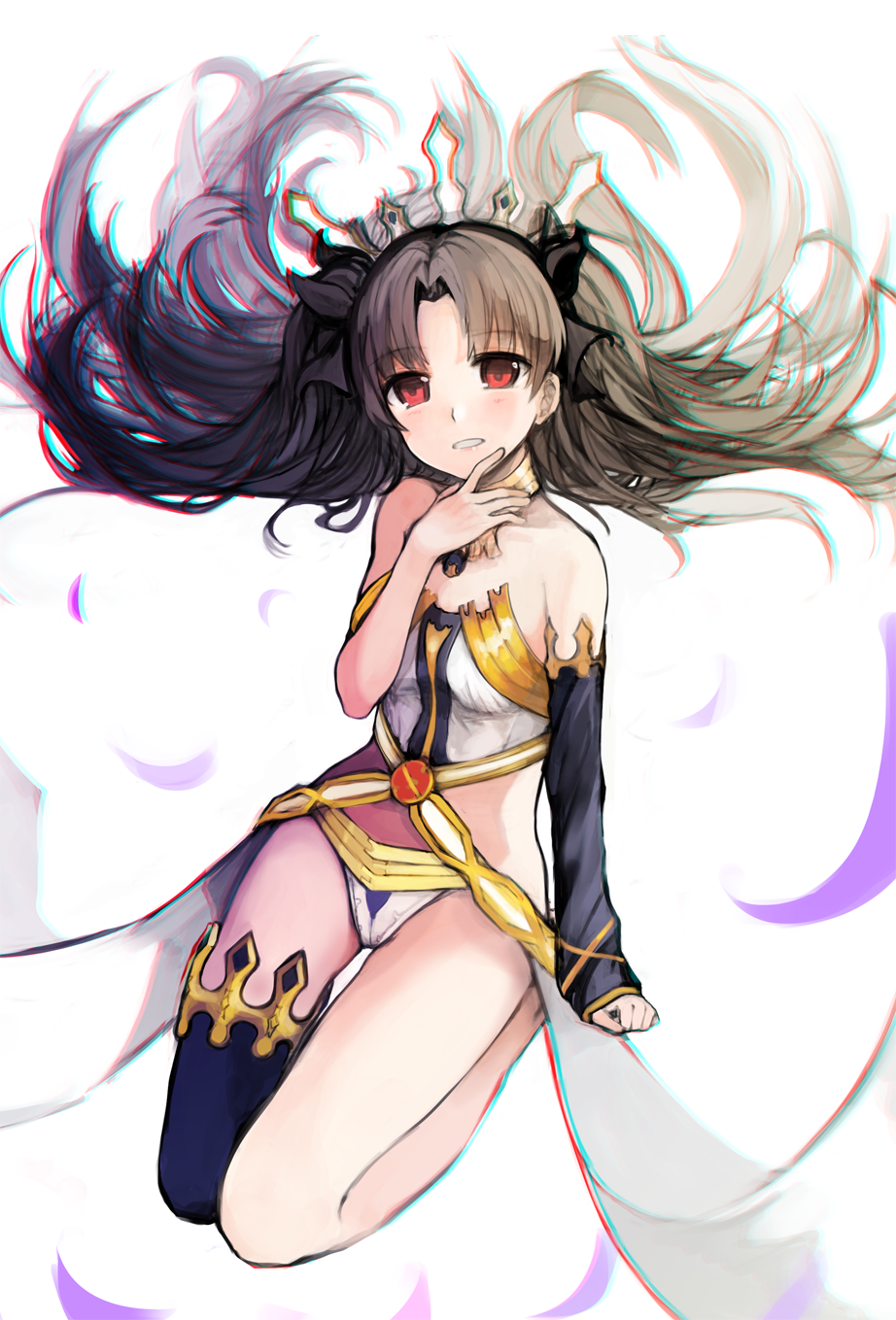 1girl bangs bent_knees bikini black_hair black_ribbon blush breasts broche_(timpet) elbow_gloves fate/grand_order fate_(series) floating floating_hair gloves hair_ribbon highres ishtar_(fate/grand_order) jewelry long_hair looking_at_viewer parted_bangs red_eyes revealing_clothes ribbon simple_background single_elbow_glove single_thighhigh small_breasts smile solo teeth thigh-highs tiara tohsaka_rin two_side_up very_long_hair white_background