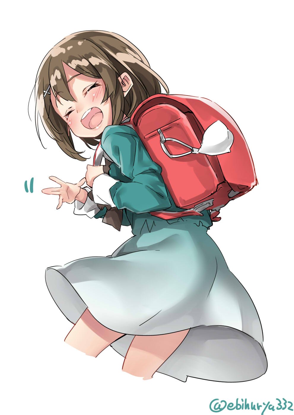 1girl adapted_costume backpack bag black_bow bow brown_hair closed_eyes cowboy_shot dress ebifurya hair_ornament highres kantai_collection long_sleeves maya_(kantai_collection) open_mouth randoseru short_hair simple_background smile solo twitter_username waving white_background white_dress x_hair_ornament younger