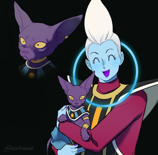 2boys beerus black_background black_eyes carrying cat dragon_ball dragon_ball_super earrings egyptian_clothes expressionless eyelashes happy jewelry long_sleeves looking_away male_focus multiple_boys open_mouth pointy_ears simple_background smile twitter_username whis white_hair