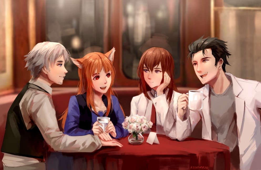 2boys 2girls animal_ears black_hair brown_hair cafe commentary commission craft_lawrence crossover facial_hair flower grey_eyes holo labcoat long_hair makise_kurisu multiple_boys multiple_girls necktie okabe_rintarou open_mouth orange_hair red_eyes red_neckwear reddverse short_hair silver_hair sitting smile spice_and_wolf steins;gate table violet_eyes wolf_ears yellow_eyes