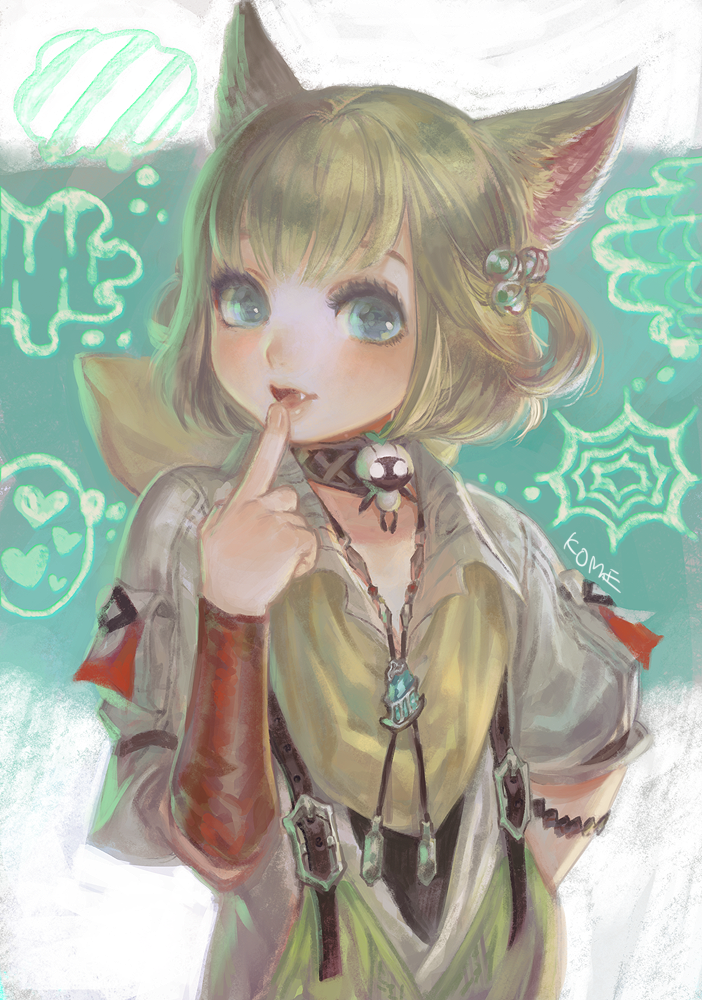 1girl animal_ears bell blonde_hair blue_eyes cat_ears choker fang final_fantasy final_fantasy_xiv finger_to_mouth frischenq hair_bell hair_ornament khloe_aliapoh looking_at_viewer miqo'te open_mouth short_hair solo upper_body
