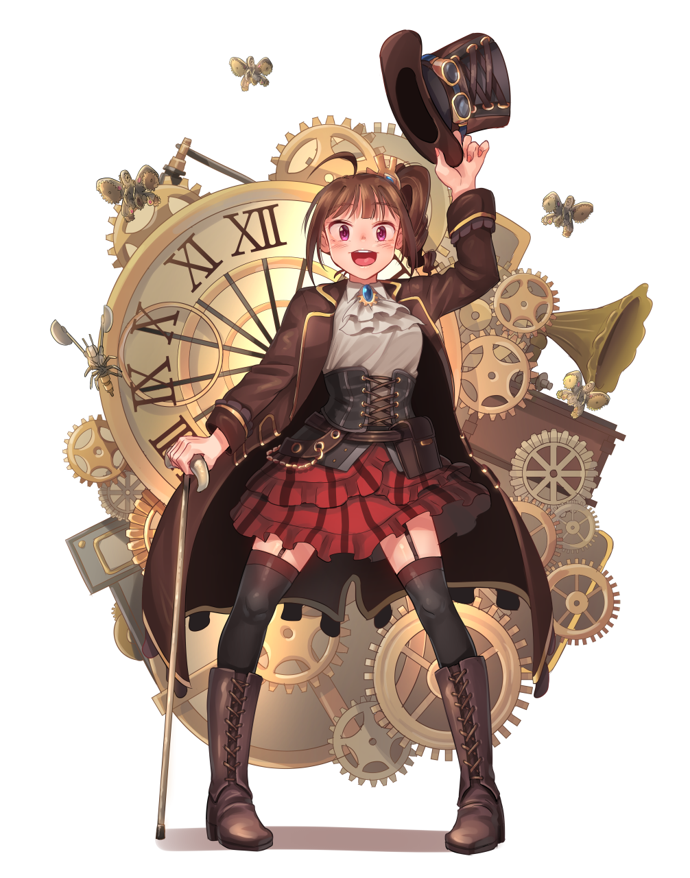 1girl ahoge black_legwear blush boots breasts brown_footwear brown_hair corset eyebrows_visible_through_hair full_body garter_straps gears hat hat_removed headwear_removed highres holding holding_hat idolmaster idolmaster_million_live! kamille_(vcx68) knee_boots large_breasts looking_at_viewer open_mouth phonograph red_skirt short_hair side_drill skirt smile solo steampunk thigh-highs violet_eyes yokoyama_nao