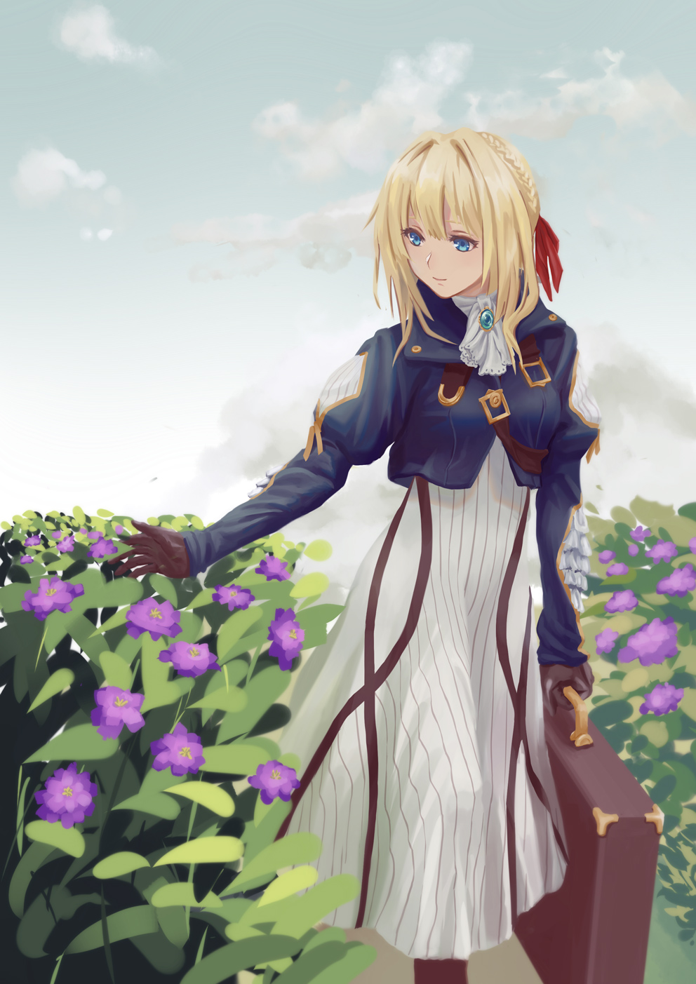 1girl alset bangs blonde_hair blue_eyes blue_jacket braid briefcase brooch brown_gloves closed_mouth clouds commentary_request day dress feet_out_of_frame flower gloves hair_between_eyes hair_intakes hair_ribbon highres holding_bag holding_briefcase jacket jewelry long_hair long_sleeves looking_away looking_to_the_side outdoors outstretched_arm red_ribbon ribbon sky smile solo standing tareme violet_evergarden violet_evergarden_(character)