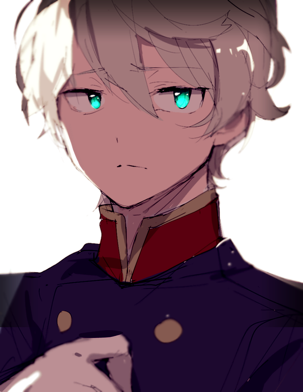 1boy aldnoah.zero blonde_hair blue_eyes closed_mouth commentary_request eyebrows_visible_through_hair high_collar hiiragi_fuyuki jacket looking_at_viewer male_focus military military_uniform purple_jacket short_hair simple_background slaine_troyard solo uniform upper_body white_background