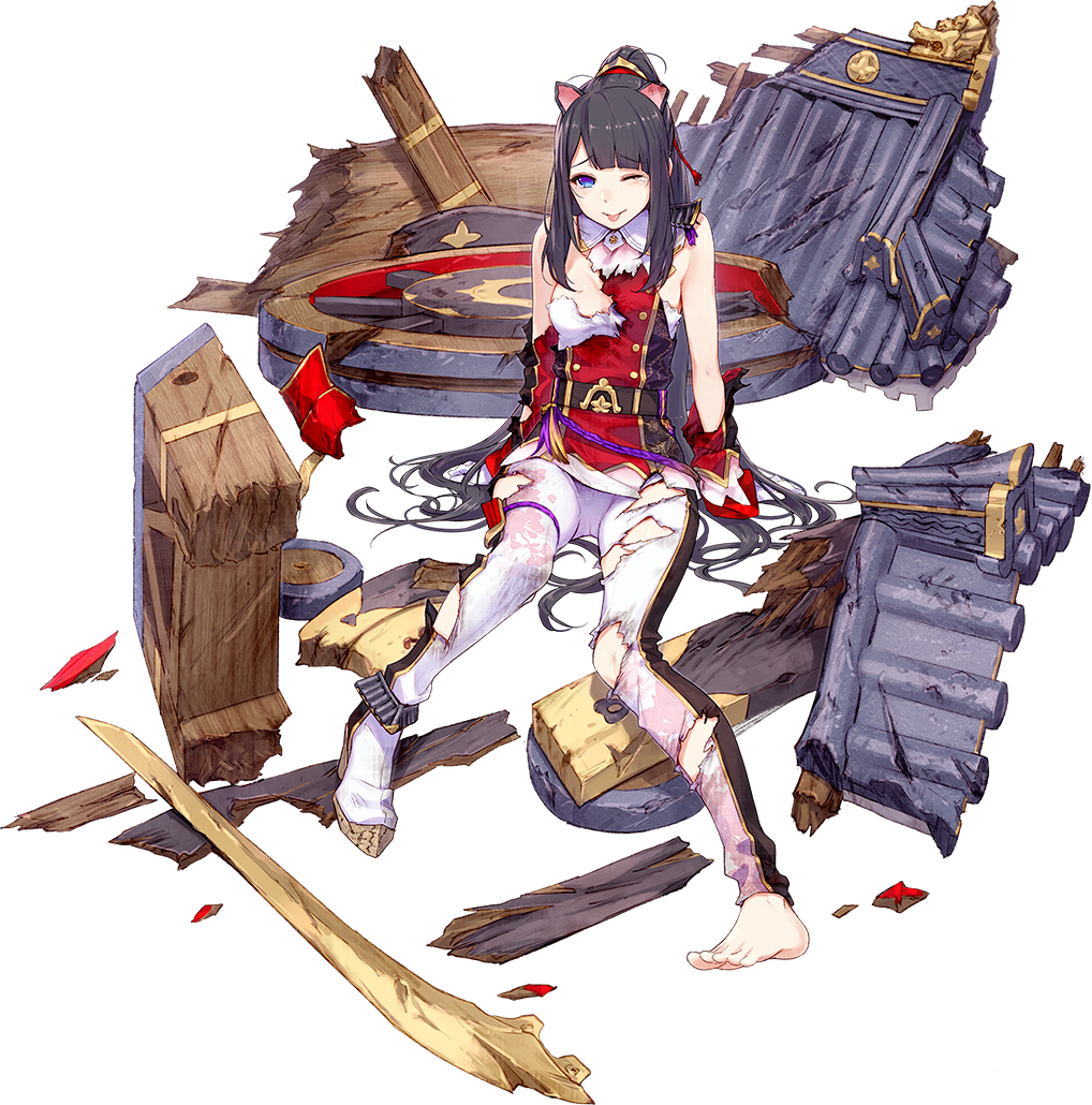 1girl ;p animal_ears barefoot black_hair blue_eyes broken broken_weapon cannon eyebrows_visible_through_hair fake_animal_ears full_body fuyuno_yuuki konki_(oshiro_project) long_hair looking_at_viewer one_eye_closed oshiro_project oshiro_project_re pants ponytail sitting smile solo tears tongue tongue_out torn_clothes torn_pants transparent_background weapon