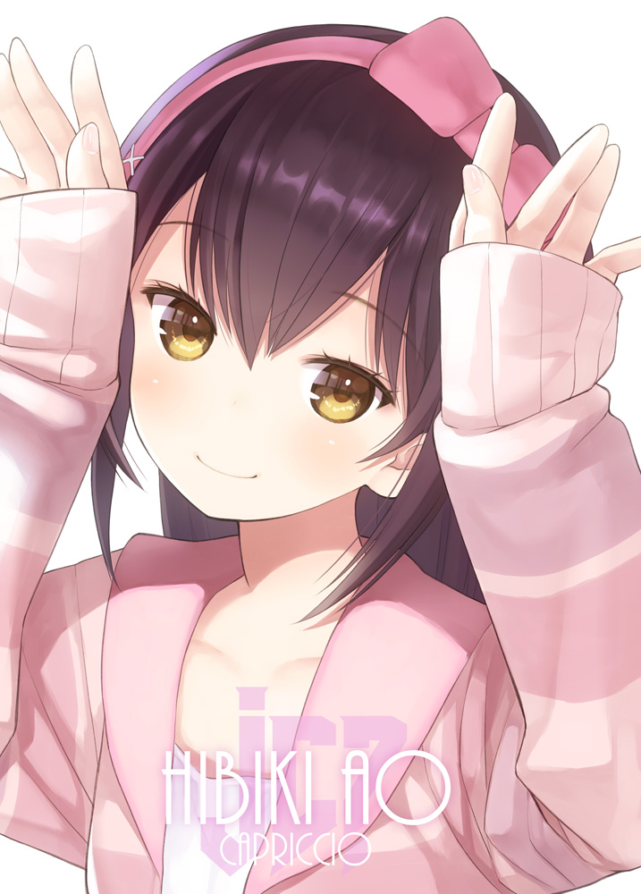 1girl artist_name black_hair capriccio character_name commentary_request eyebrows_visible_through_hair hair_between_eyes hairband hands_up head_tilt hibiki_ao hibiki_ao_(channel) long_hair looking_at_viewer simple_background sleeves_past_wrists smile solo upper_body virtual_youtuber white_background yellow_eyes