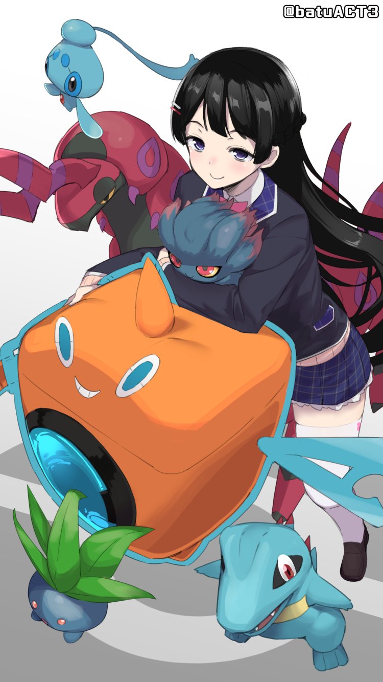 1girl arm_support bangs batsu black_hair black_jacket blazer blue_eyes blue_skirt blunt_bangs blush fangs floating gen_1_pokemon gen_2_pokemon gen_4_pokemon gen_5_pokemon hair_ornament hairclip highres jacket leaf leaning_forward legendary_pokemon long_hair long_sleeves miniskirt misdreavus nijisanji nose_blush oddish phione pleated_skirt pokemon pokemon_(creature) red_eyes rotom school_uniform scolipede shiny shiny_hair simple_background skirt sleeves_past_wrists standing straight_hair thigh-highs totodile tsukino_mito twitter_username very_long_hair violet_eyes virtual_youtuber white_background white_legwear yellow_sclera zettai_ryouiki