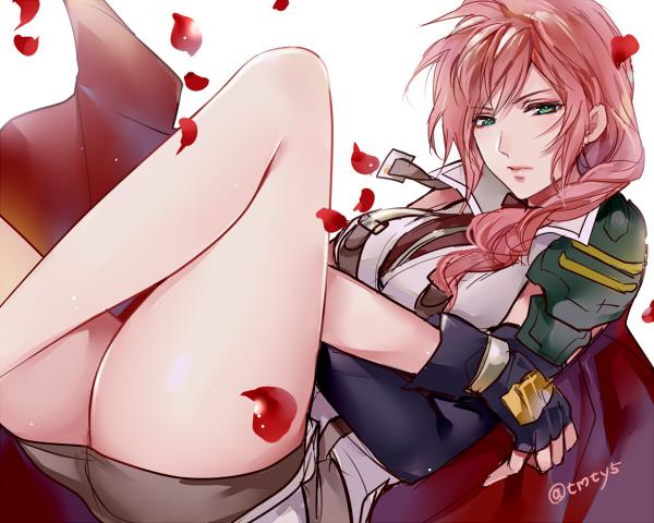 1girl ass breasts cape final_fantasy final_fantasy_xiii fingerless_gloves gloves green_eyes large_breasts legs lightning_farron long_hair looking_at_viewer miniskirt pink_hair skirt solo tama_(tmfy5)