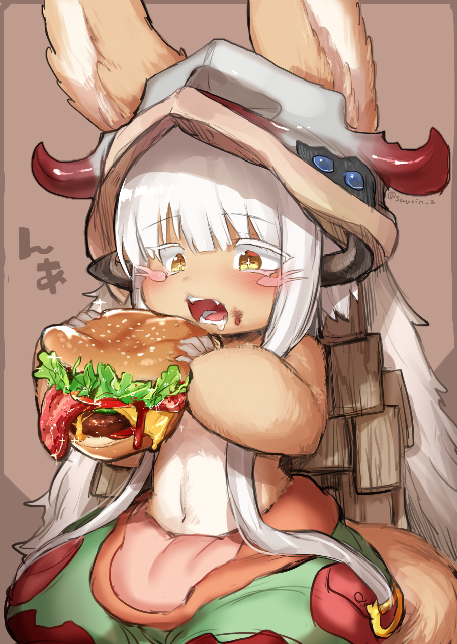 1girl animal_ears bangs blunt_bangs blush_stickers brown_background drooling ears_through_headwear eyebrows_visible_through_hair food fur furry hamburger highres holding holding_food horns lettuce long_hair made_in_abyss meat mustard nanachi_(made_in_abyss) navel open_mouth pouch saliva sitting solo star star-shaped_pupils suurin_(ksyaro) symbol-shaped_pupils tail topless twitter_username very_long_hair whiskers white_hair yellow_eyes