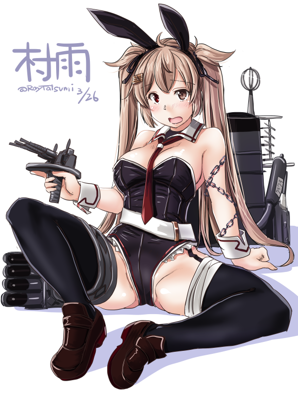 1girl adapted_costume black_legwear black_leotard breasts brown_footwear bunnysuit chains character_name cleavage dated detached_collar garter_straps kantai_collection large_breasts leotard murasame_(kantai_collection) red_neckwear remodel_(kantai_collection) rigging sitting smokestack solo tatsumi_rei thigh-highs turret wrist_cuffs