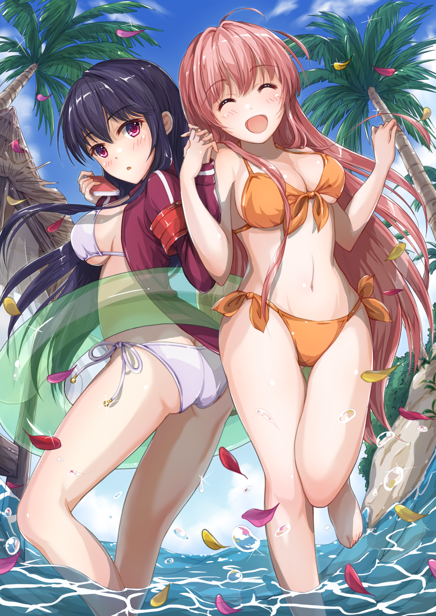 2girls :o ^_^ armband ass barefoot bikini black_hair book breasts butt_crack cleavage closed_eyes commentary_request front-tie_bikini front-tie_top hand_holding highres holding holding_book hoshimaemi innertube jacket long_hair medium_breasts midriff moe2018 multiple_girls navel open_mouth orange_bikini original palm_tree petals pink_hair red_eyes side-tie_bikini sideboob smile swimsuit thigh_gap track_jacket tree very_long_hair wading water_drop white_bikini