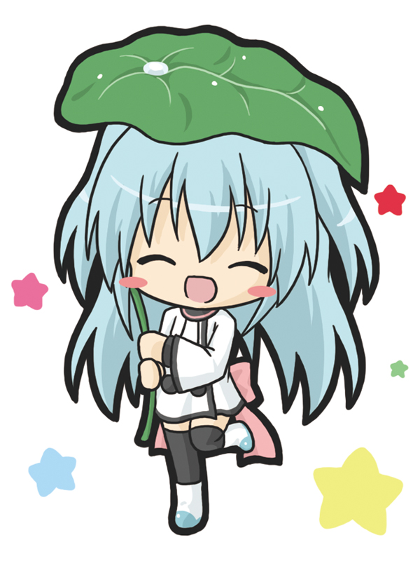 1girl :d ^_^ bangs black_legwear blue_hair blush_stickers boots chibi closed_eyes commentary_request dress eyebrows_visible_through_hair facing_viewer full_body hair_between_eyes holding holding_leaf leaf leaf_umbrella long_hair long_sleeves noel_(sora_no_method) open_mouth rinechun simple_background smile solo sora_no_method standing standing_on_one_leg star thigh-highs two_side_up very_long_hair water white_background white_dress white_footwear wide_sleeves