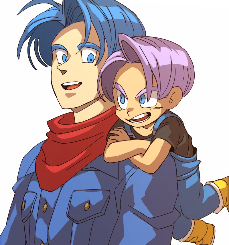 2boys age_difference arm_rest black_shirt blue_eyes blue_hair boots breast_pocket carrying carrying_over_shoulder crossed_arms denim denim_jacket dragon_ball dragon_ball_super dragon_ball_super_broly dual_persona grin jacket looking_at_another looking_back multiple_boys neckerchief open_mouth overalls pocket red_neckwear shaded_face shirt short_sleeves simple_background smile tako_jirou teeth tongue trunks_(dragon_ball) trunks_(future)_(dragon_ball) upper_body upper_teeth v-shaped_eyebrows violet_eyes white_background yellow_footwear