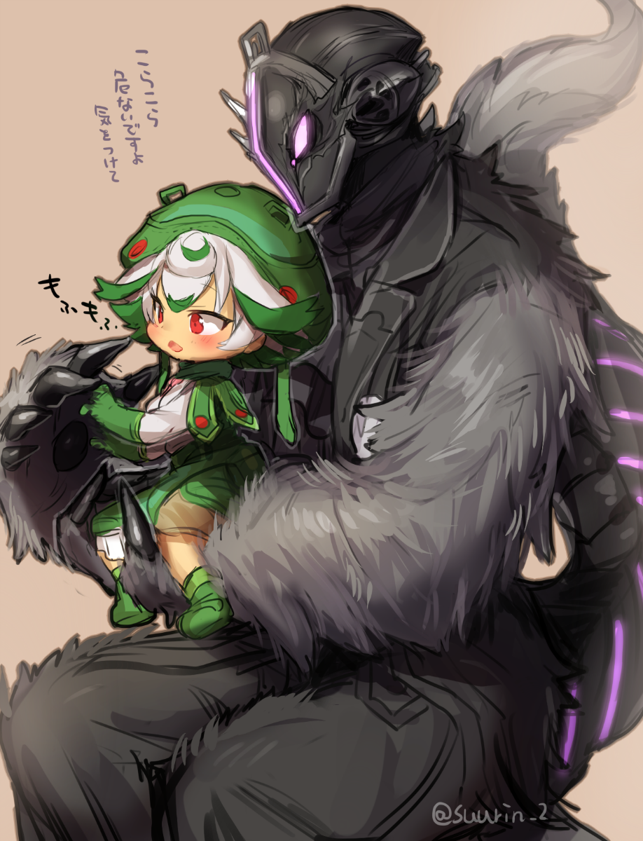 1boy 1girl :d black_jacket blush bondrewd child claws dress eyebrows_visible_through_hair fur gloves green_dress green_footwear green_gloves hat helmet highres jacket made_in_abyss multicolored_hair open_mouth prushka red_eyes shoes short_hair smile spoilers streaked_hair suurin_(ksyaro) tail translation_request twitter_username white_hair