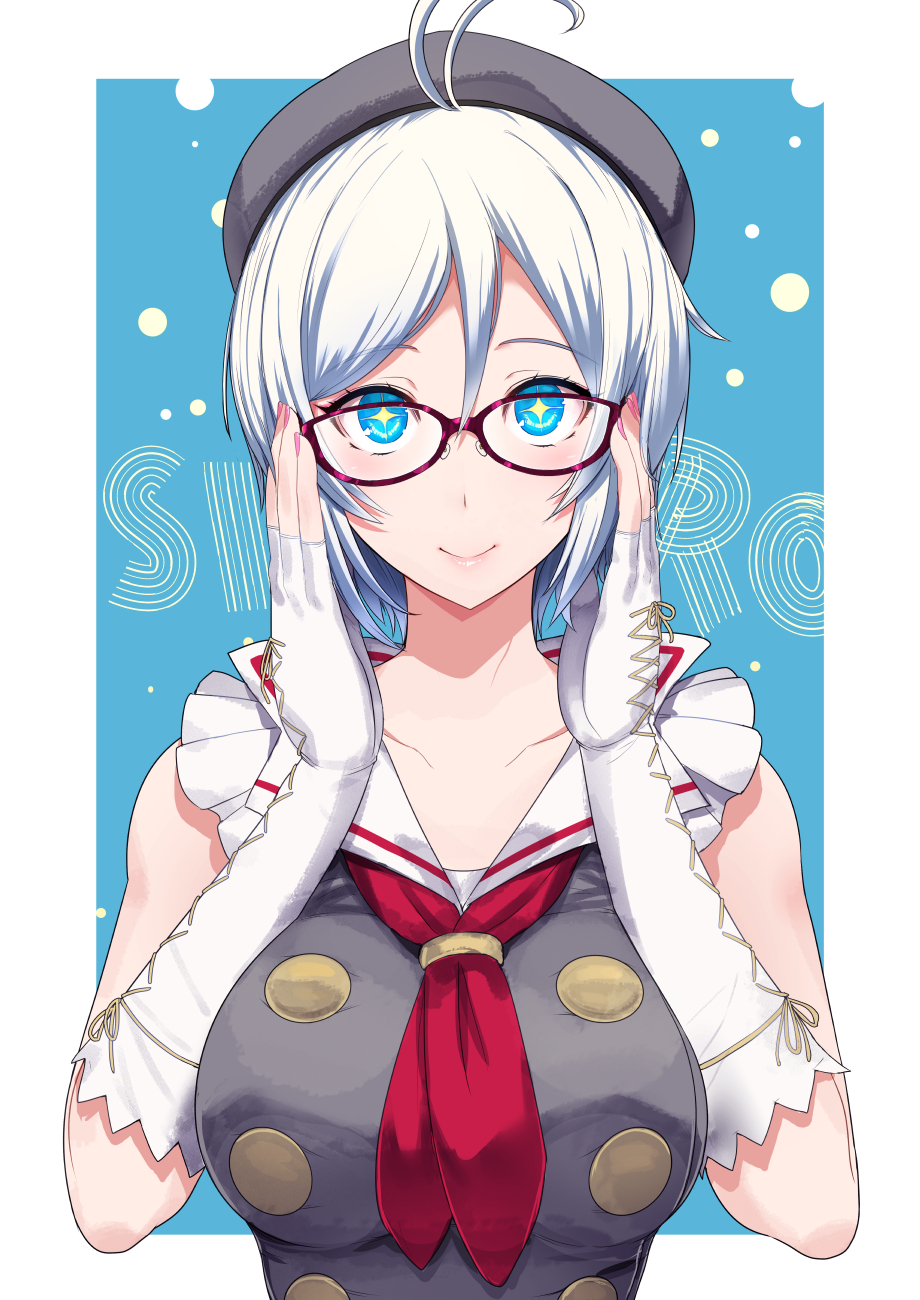 +_+ 1girl adjusting_eyewear antenna_hair ascot bangs bare_shoulders bespectacled blue_eyes breasts buttons character_name closed_mouth collarbone dennou_shoujo_youtuber_shiro dress elbow_gloves eyebrows eyebrows_visible_through_hair eyelashes fingerless_gloves fingernails frilled_dress frills glasses gloves hair_between_eyes hands_up highres lace-up_gloves long_fingernails looking_at_viewer medium_breasts miyamoto_issa nail_polish pink_lips pink_nails red-framed_eyewear red_neckwear shiro_(dennou_shoujo_youtuber_shiro) short_hair sleeveless sleeveless_dress smile solo symbol-shaped_pupils virtual_youtuber white_gloves