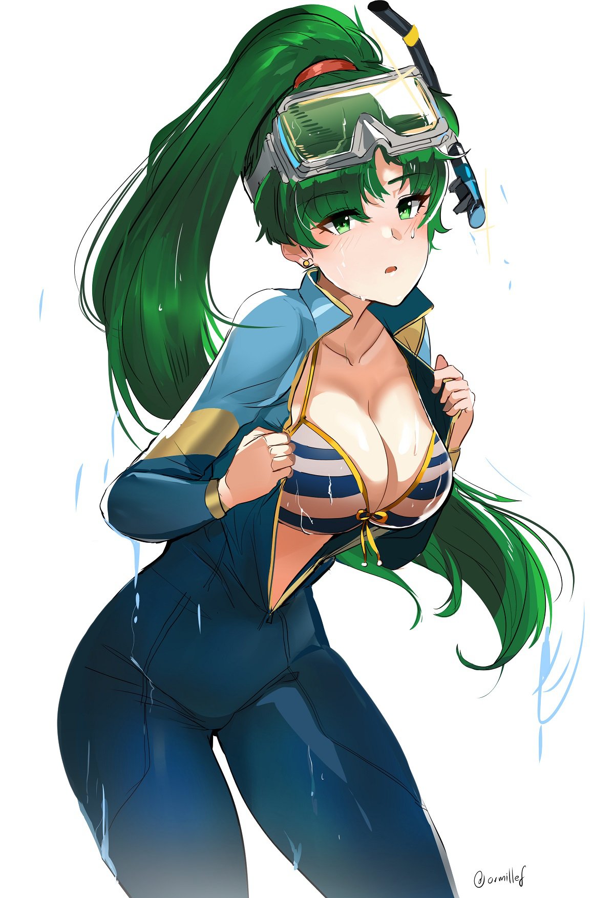 1girl bikini blush bodysuit breasts diving_suit fire_emblem fire_emblem:_rekka_no_ken fire_emblem_heroes green_eyes green_hair highres long_hair looking_at_viewer lyndis_(fire_emblem) ormille ponytail swimsuit wetsuit