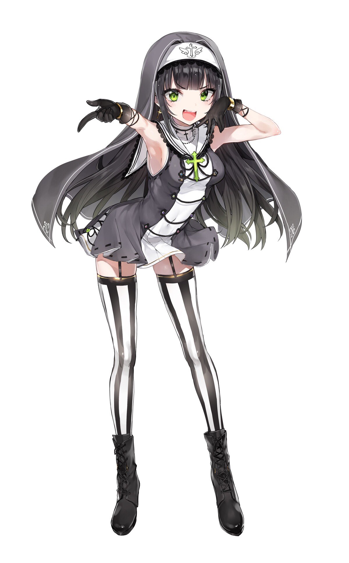 1girl armpits bangs black_footwear black_gloves black_hair boots bracelet breasts commentary cross cross_earrings dress earrings eyebrows_visible_through_hair fangs full_body garter_straps gloves green_eyes habit hands_up highres hoyashi_rebirth jewelry long_hair looking_at_viewer medium_breasts official_art onsen_musume open_mouth short_dress simple_background sleeveless smile solo standing striped striped_legwear thigh-highs turtleneck vertical-striped_legwear vertical_stripes white_background zettai_ryouiki