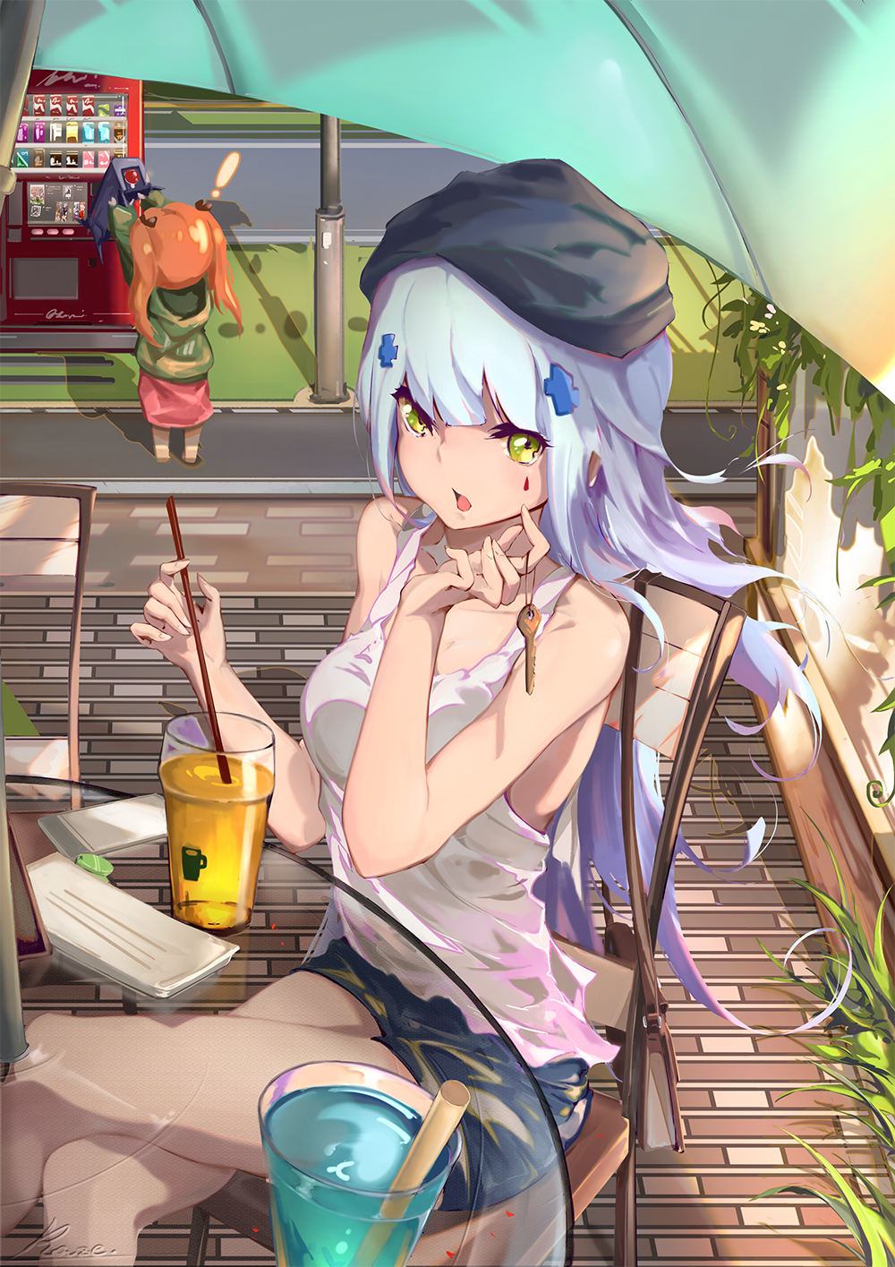 ! 2girls alternate_costume bag bangs bare_arms beret black_hat blue_shorts blunt_bangs breasts casual collarbone cup day dinergate_(girls_frontline) drinking_straw facepaint floating_hair girls_frontline glass_table green_coat green_eyes hair_ornament hat highres hk416_(girls_frontline) holding_key key kneehighs lamppost legs_crossed long_hair looking_at_viewer medium_breasts multiple_girls open_mouth outdoors renze_l road scenery short_shorts shorts shoulder_bag sidelocks silver_hair sitting sitting_on_object table tank_top teardrop thighs umbrella ump9_(girls_frontline) under_umbrella white_tank_top