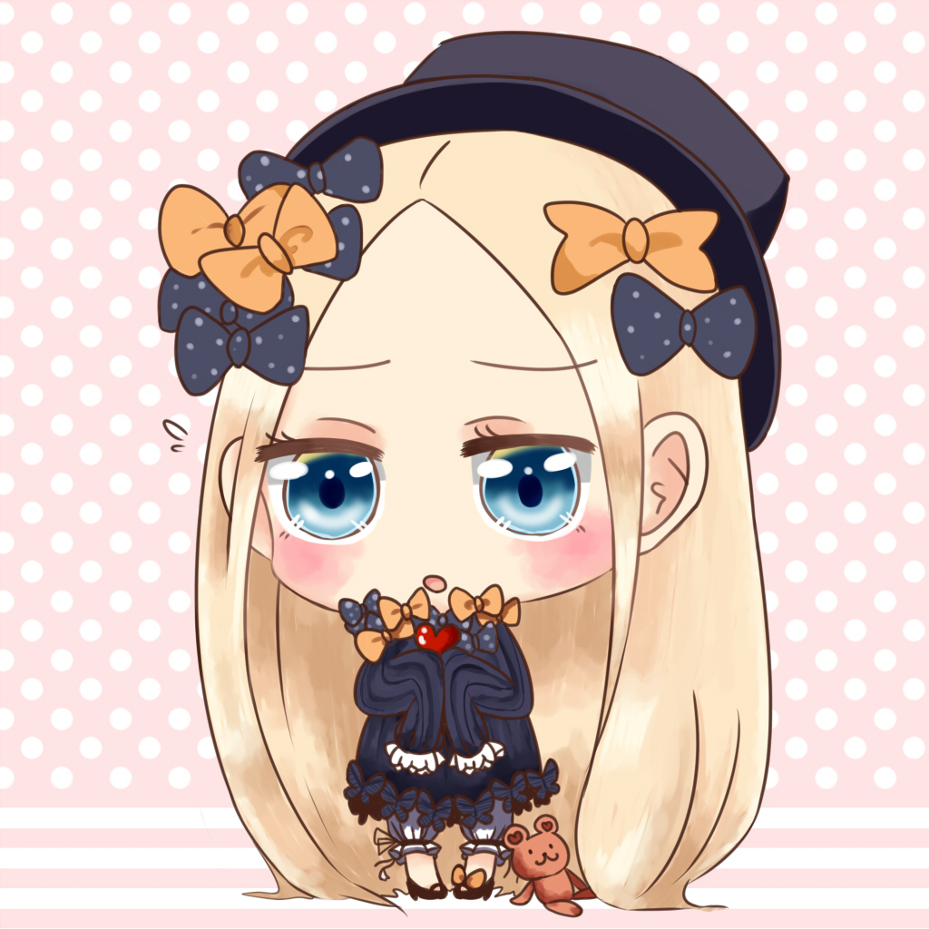 1girl :o abigail_williams_(fate/grand_order) absurdly_long_hair bangs black_bow black_dress black_footwear black_hat blonde_hair bloomers blue_eyes blush bow butterfly chibi commentary_request dress fate/grand_order fate_(series) flying_sweatdrops forehead hair_bow hat heart high_heels holding holding_heart insect long_hair long_sleeves looking_at_viewer manasuke mary_janes orange_bow parted_bangs parted_lips pigeon-toed polka_dot polka_dot_background polka_dot_bow shoes sleeves_past_fingers sleeves_past_wrists solo standing striped striped_background stuffed_animal stuffed_toy teddy_bear underwear very_long_hair white_bloomers
