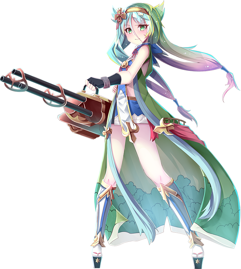 1girl breasts eyebrows_visible_through_hair full_body green_eyes green_hair gun hair_between_eyes hair_ornament holding holding_gun holding_weapon long_hair looking_at_viewer low_twintails nagashino_(oshiro_project) official_art oshiro_project oshiro_project_re platform_footwear sho_(runatic_moon) small_breasts transparent_background twintails weapon yellow_hairband