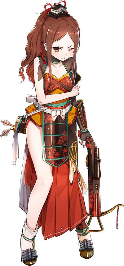 1girl ;( arrow artist_request bangs bowgun brown_hair collarbone full_body hair_ornament holding holding_weapon long_hair murao_(oshiro_project) official_art orange_eyes oshiro_project oshiro_project_re parted_bangs quiver torn_clothes transparent_background weapon