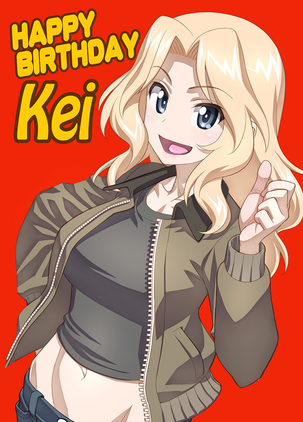 1girl black_shirt blonde_hair blue_eyes brown_jacket character_name english eyebrows_visible_through_hair girls_und_panzer hair_intakes hand_on_hip happy_birthday highres jacket kay_(girls_und_panzer) long_hair long_sleeves midriff military military_uniform minazuki_juuzou navel open_clothes open_jacket open_mouth red_background saunders_military_uniform shirt simple_background smile solo thumbs_up uniform
