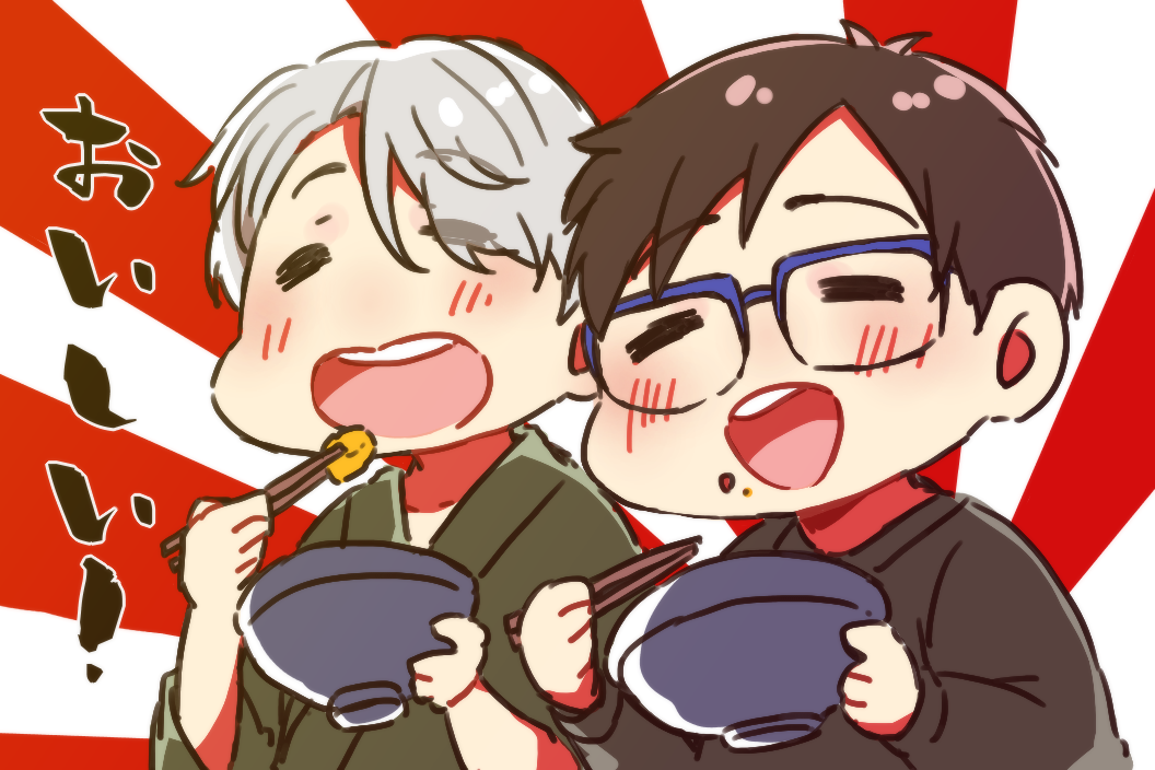 2boys =_= blue-framed_eyewear bowl brown_hair chopsticks eyes_visible_through_hair food food_on_face glasses japanese_clothes katsuki_yuuri kyouna male_focus multiple_boys open_mouth silver_hair smile sunburst translation_request viktor_nikiforov yuri!!!_on_ice