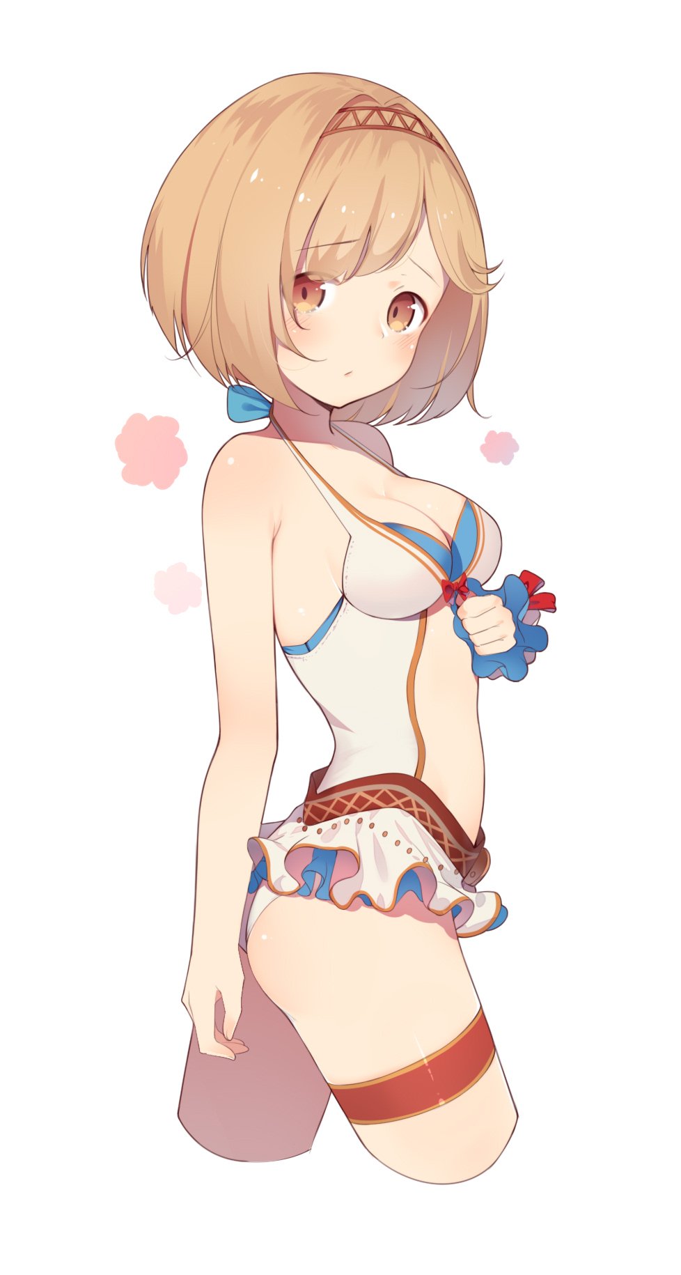 1girl arm_behind_back bangs blush bow breasts brown_eyes cleavage closed_mouth commentary_request cropped_legs djeeta_(granblue_fantasy) eyebrows_visible_through_hair frilled_swimsuit frills from_side gin00 granblue_fantasy hairband halterneck highres looking_at_viewer medium_breasts red_bow short_hair simple_background solo standing stomach swimsuit thigh_strap white_background white_swimsuit