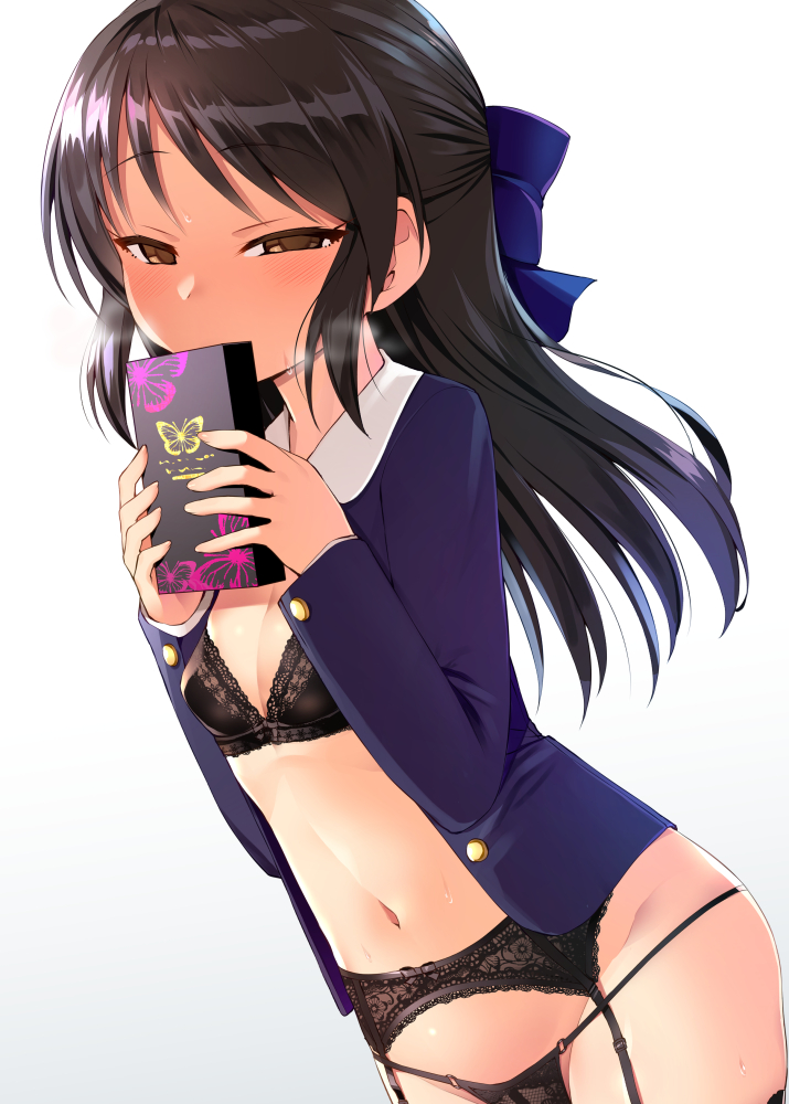 1girl black_bra black_panties blazer blush bra breasts breath brown_eyes brown_hair cleavage cowboy_shot dutch_angle eyebrows_visible_through_hair garter_belt gradient gradient_background half_updo idolmaster idolmaster_cinderella_girls jacket lace lace-trimmed_bra lingerie long_hair long_sleeves looking_at_viewer navel no_pants o-ring_panties open_clothes open_shirt panties revision satou_kuuki shirt small_breasts solo string_panties sweat tachibana_arisu thigh-highs underwear