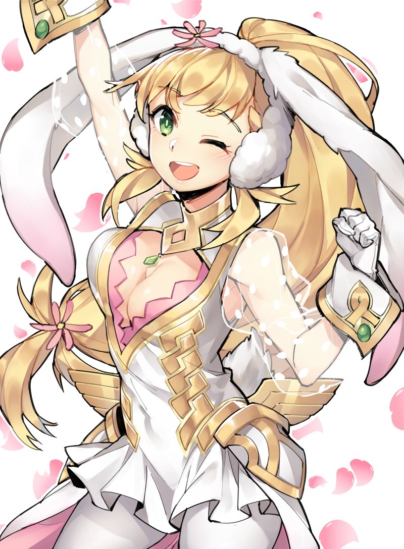 1girl animal_ears blonde_hair blush braid breasts bunny_girl bunny_tail bunnysuit earmuffs fire_emblem fire_emblem_heroes gebyy-terar gloves green_eyes long_hair looking_at_viewer open_mouth sharena simple_background smile solo tail white_background