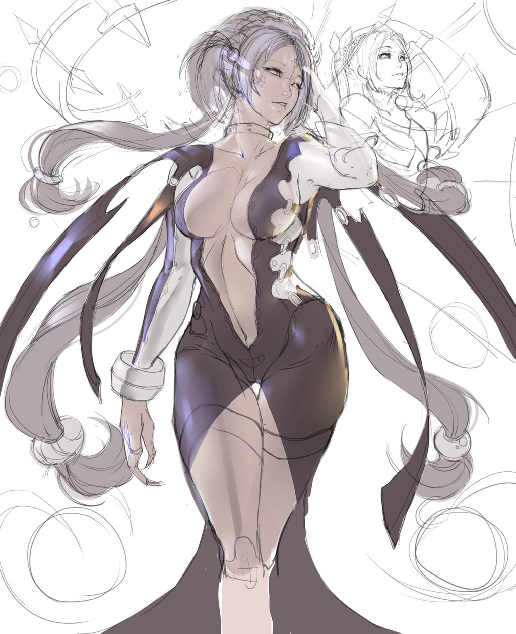 aa_megami-sama boots breasts center_opening demon facial_mark forehead_mark gtunver highres hild large_breasts long_hair looking_at_viewer monochrome sketch thigh-highs thigh_boots work_in_progress